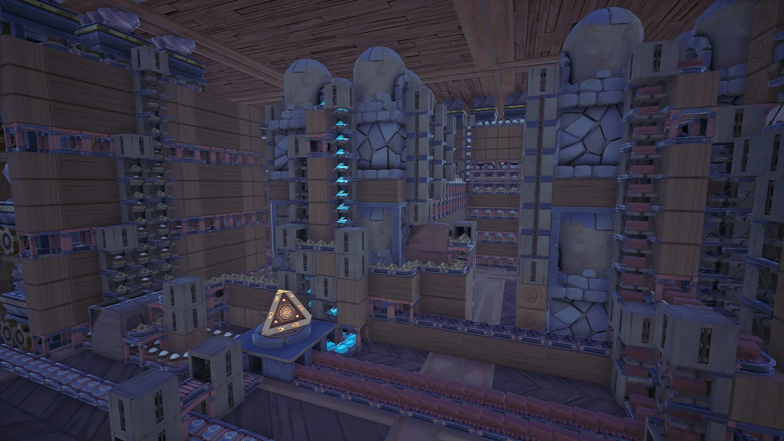 A stone castle interior with arched windows, scaffolding and glowing blue magical elements. Official Alchemy Factory gameplay screenshot.