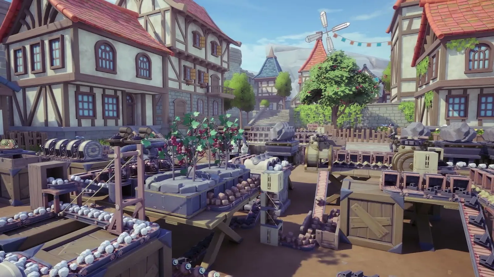 A medieval harbor market with stalls, bunting and boats moored along wooden piers. Official Alchemy Factory gameplay screenshot.