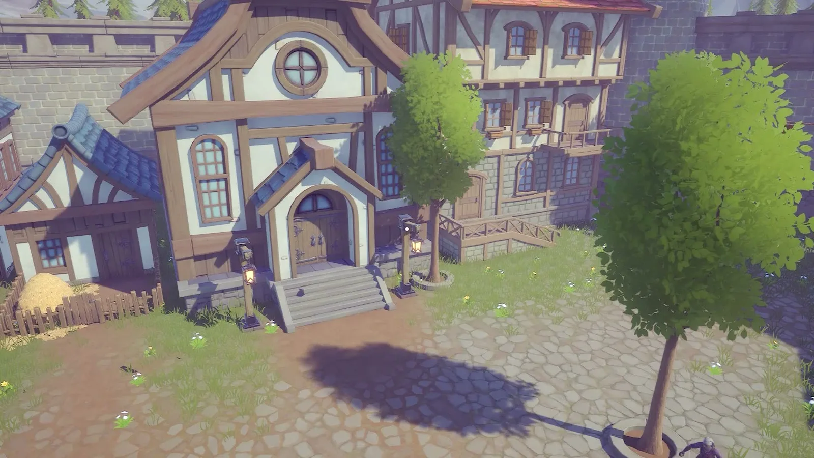 A sunny village square centered on a white timber building with an arched doorway and cobblestone paths. Official Alchemy Factory gameplay screenshot.