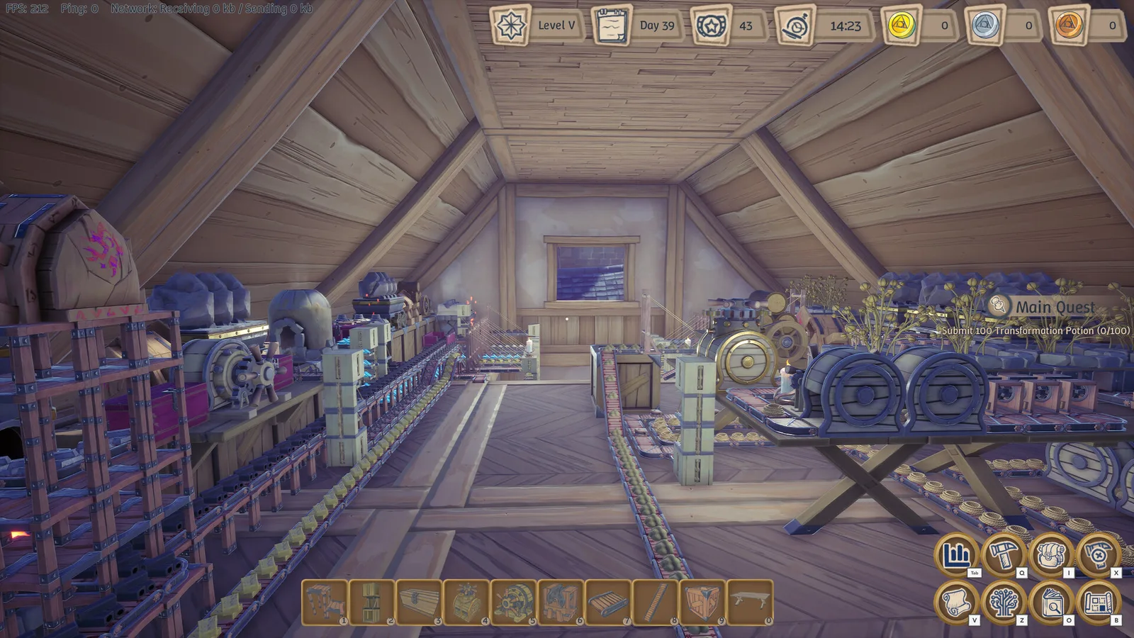 A long timber-framed attic factory hall with a central production line and machines lining both sides. Official Alchemy Factory gameplay screenshot.