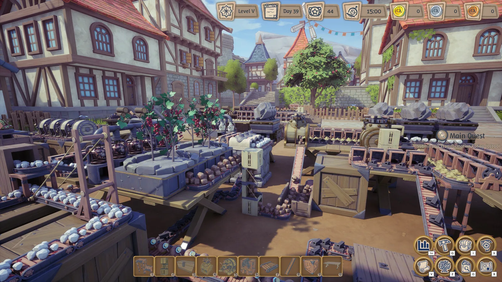 A medieval town square yard crowded with production machines, conveyors and crates between timber houses. Official Alchemy Factory gameplay screenshot.