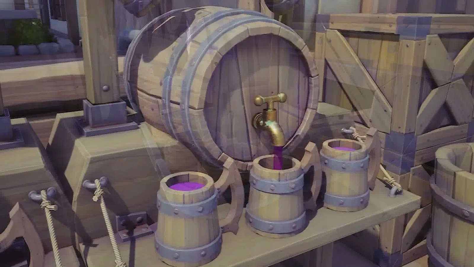 A wooden brew barrel with a brass tap dispensing glowing purple liquid into banded buckets on a workbench. Official Alchemy Factory gameplay screenshot.