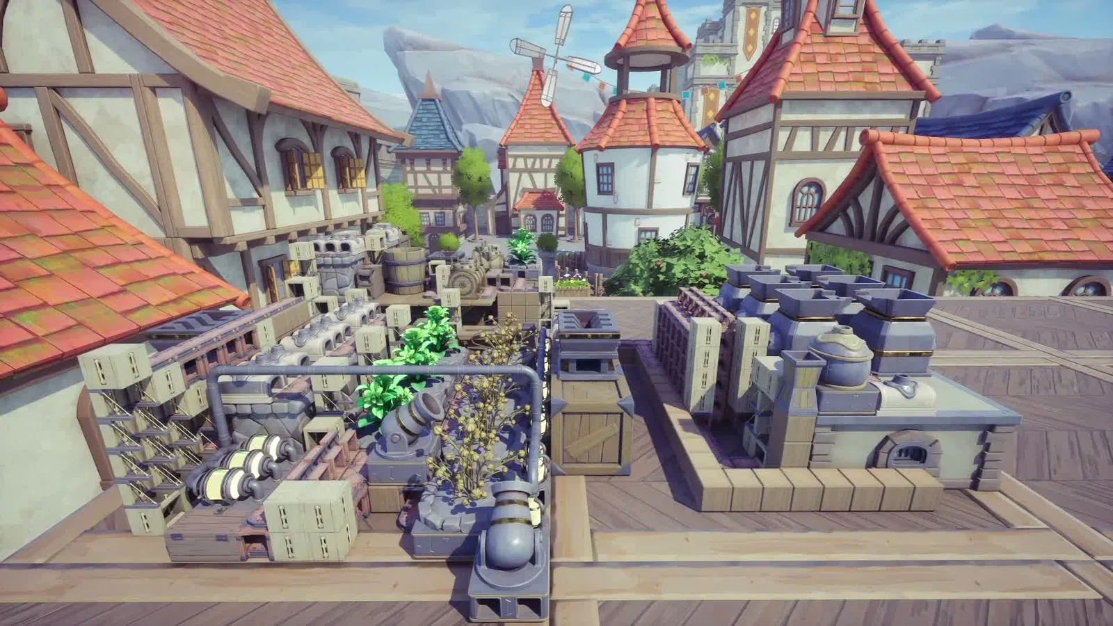 Several cannons mounted on a fortified stone terrace overlooking a red-roofed town. Official Alchemy Factory gameplay screenshot.