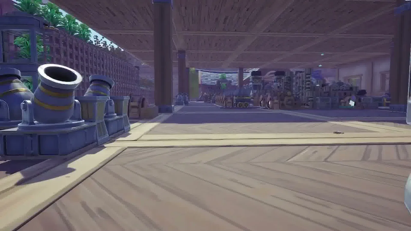 A large cauldron mounted on a blue machine platform, fed by tall conveyor structures in an open-air factory plaza. Official Alchemy Factory gameplay screenshot.