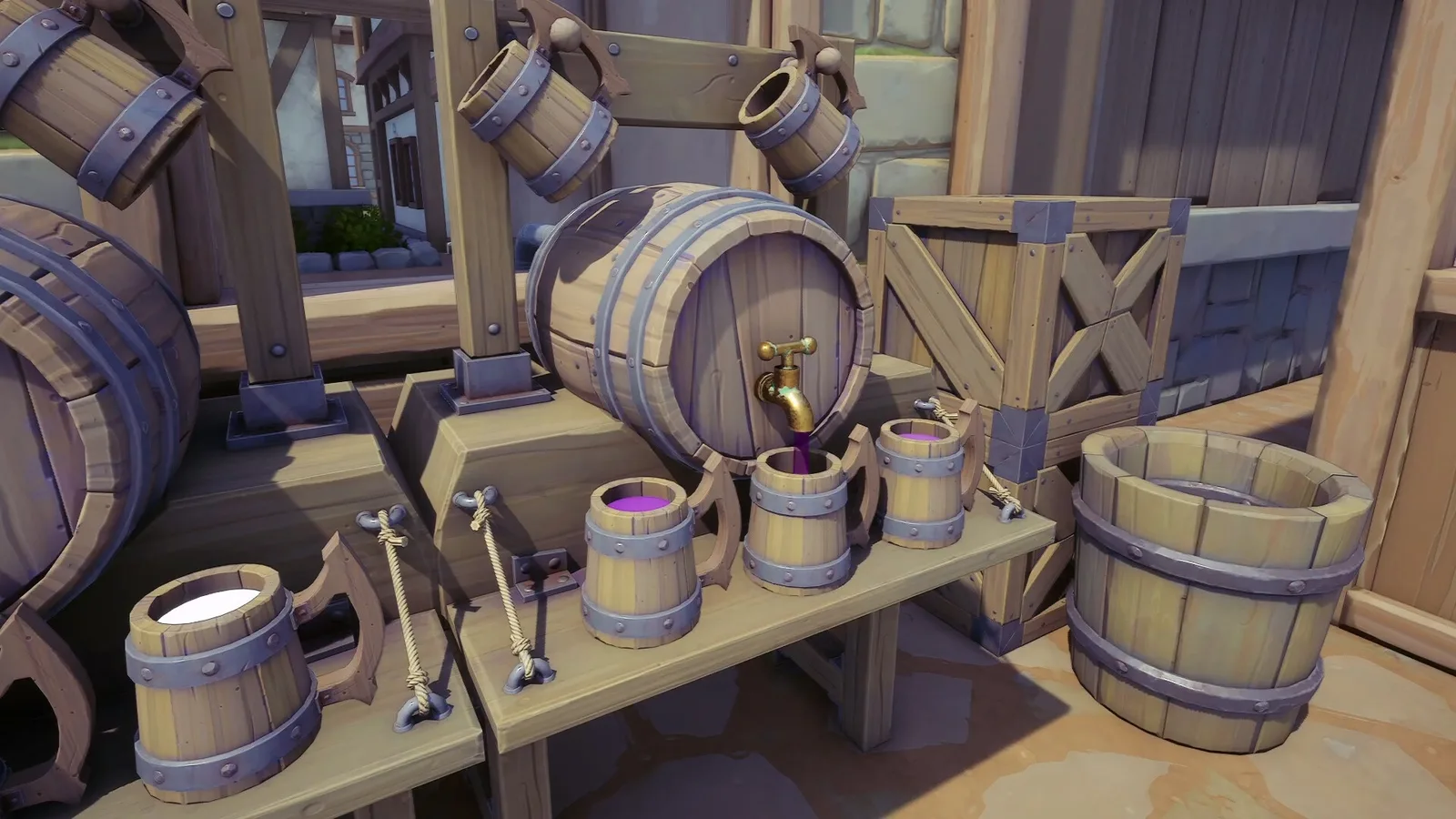 A rustic cellar corner with wooden barrels, buckets, shelves and a large gear wheel. Official Alchemy Factory gameplay screenshot.