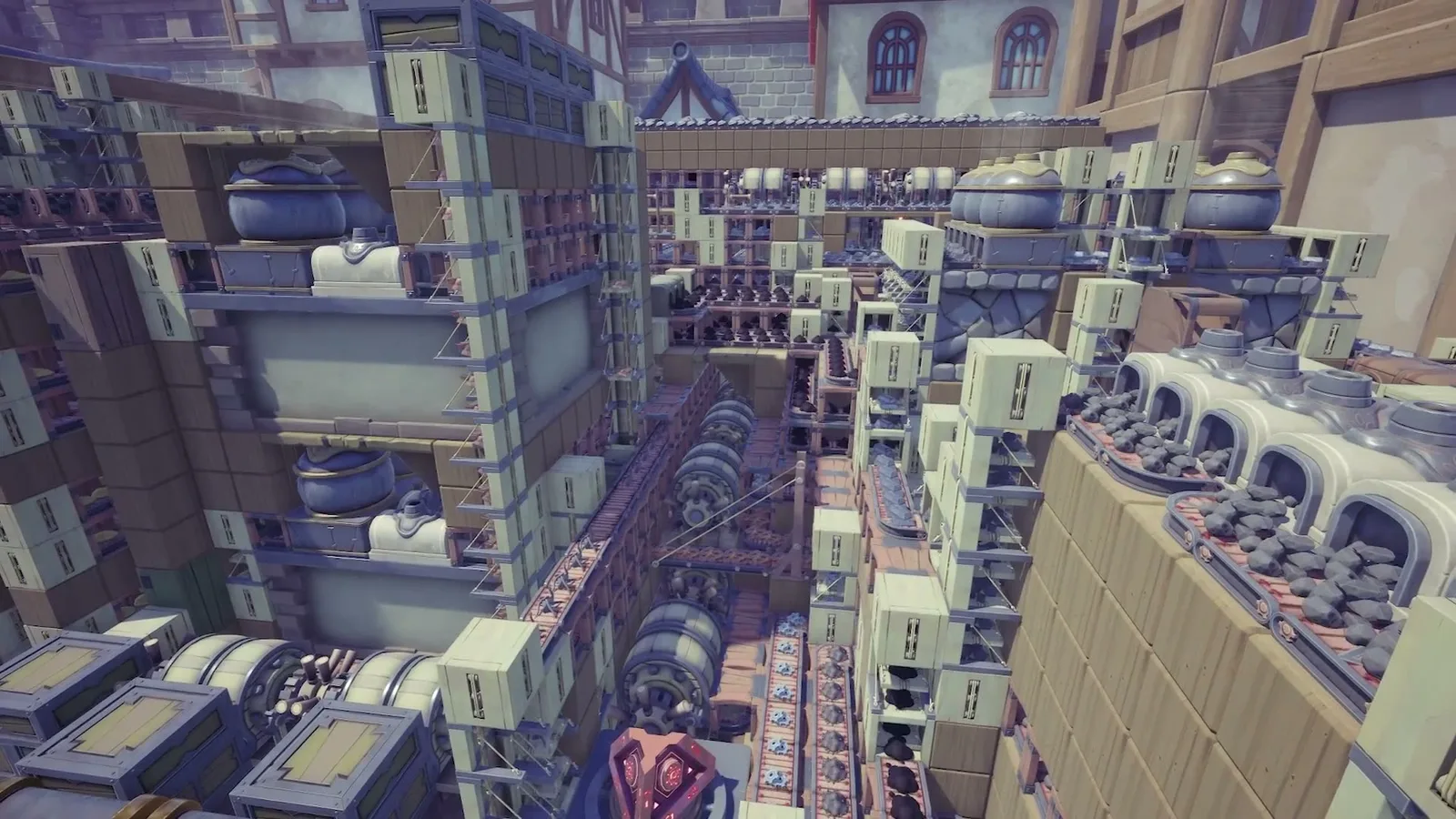 A dark blue-lit industrial zone with stacked metal walkways, conveyor belts and pipes. Official Alchemy Factory gameplay screenshot.