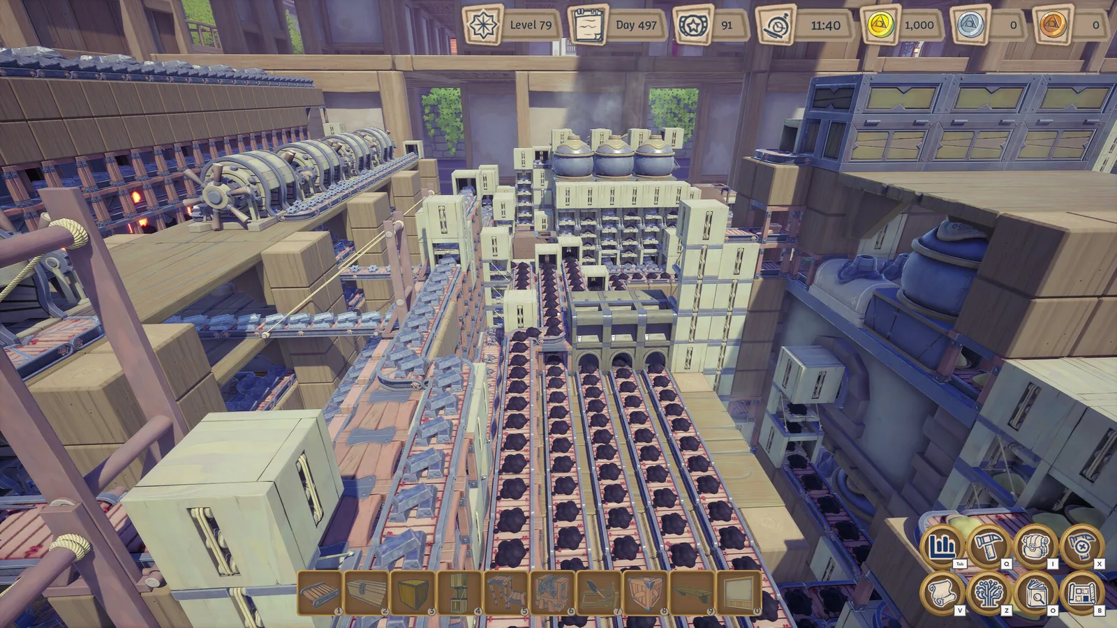 A very large multi-level automated factory viewed from above, with rows of production units, belts, tanks and storage. Official Alchemy Factory gameplay screenshot.