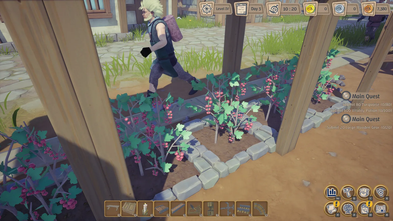 A character running through a garden courtyard with flowering bushes, wooden beams and stone paths. Official Alchemy Factory gameplay screenshot.