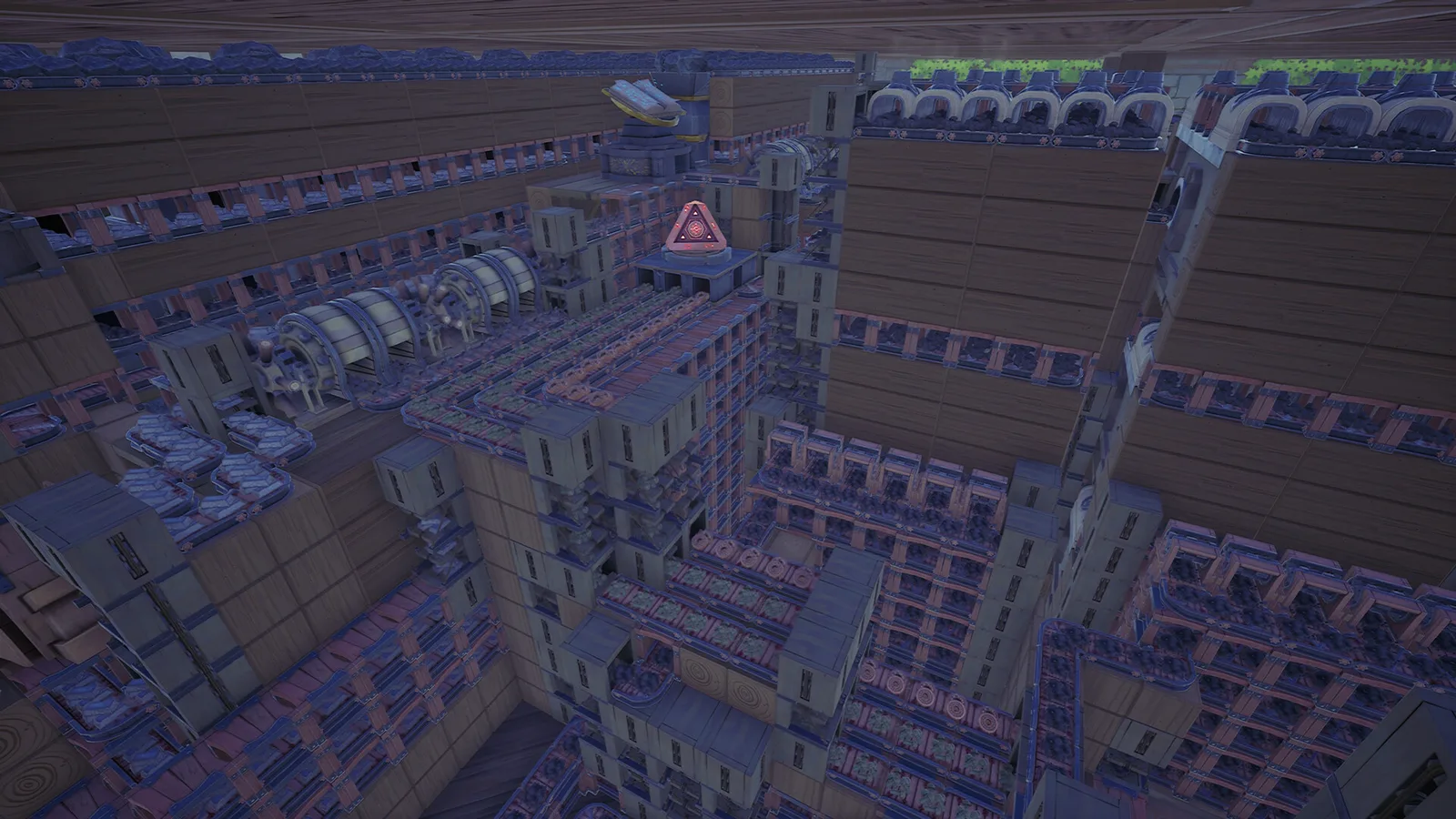 A grimy underground industrial passage with brick walls, pipes, rails and rusted walkways. Official Alchemy Factory gameplay screenshot.