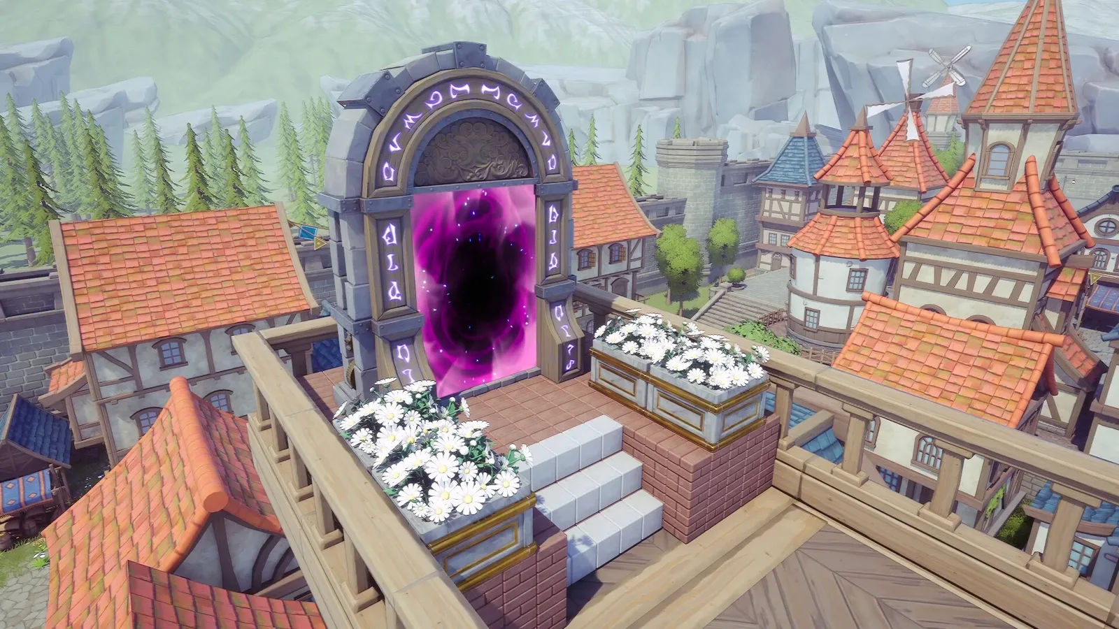 A glowing purple portal inside a stone archway at the center of a flower-lined fantasy village. Official Alchemy Factory gameplay screenshot.