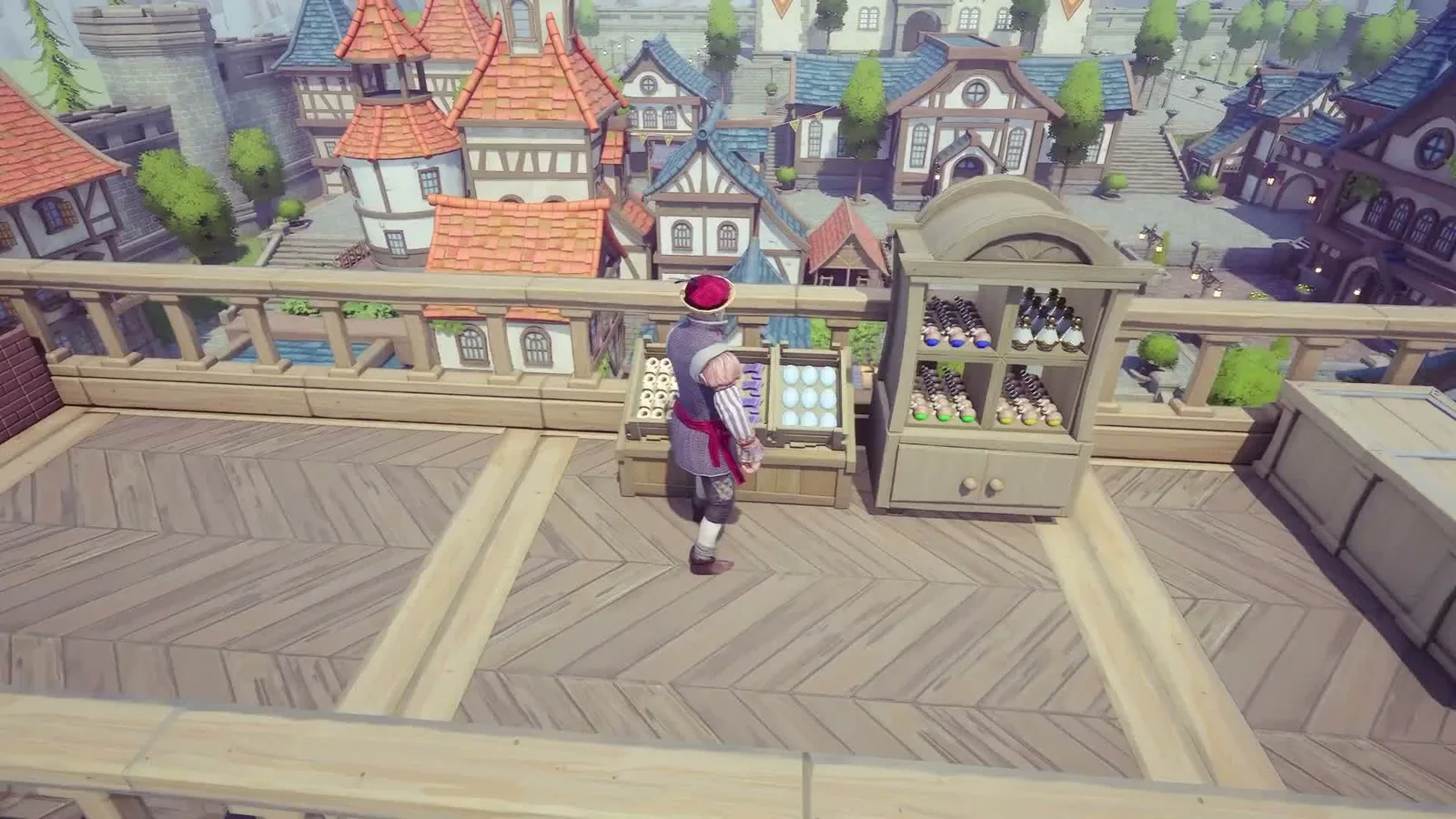 A character standing beside conveyor belts and a large brass machine with a glowing cyan crystal. Official Alchemy Factory gameplay screenshot.