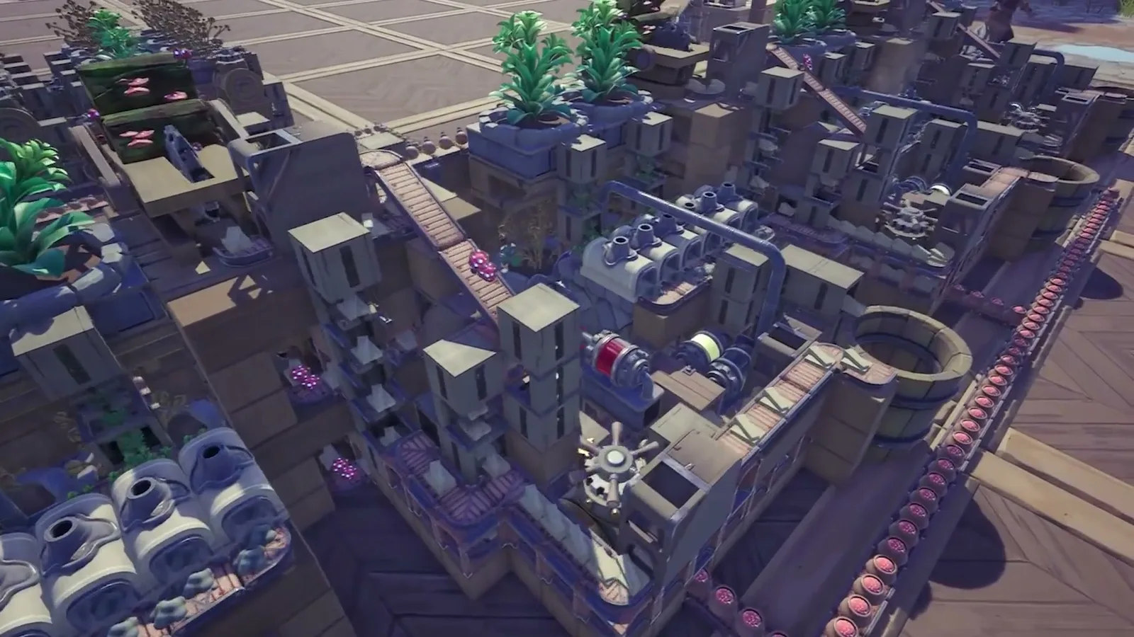 Official Alchemy Factory gameplay screenshot of a large automated factory sprawl with tiered buildings, conveyor belts and silos