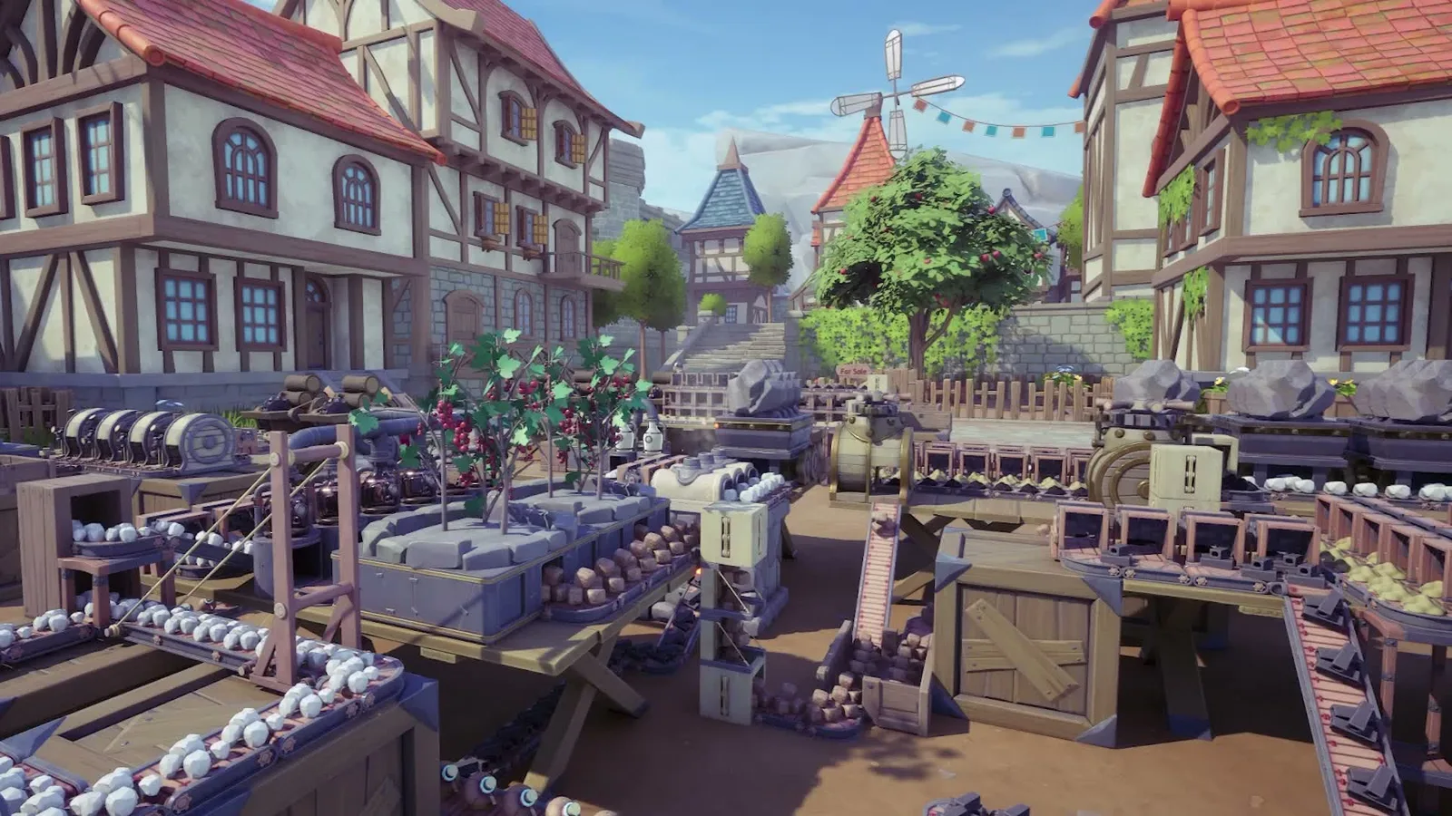 A lively dockside shopping street with storefronts, crates, carts and townsfolk between red-roofed buildings. Official Alchemy Factory gameplay screenshot.