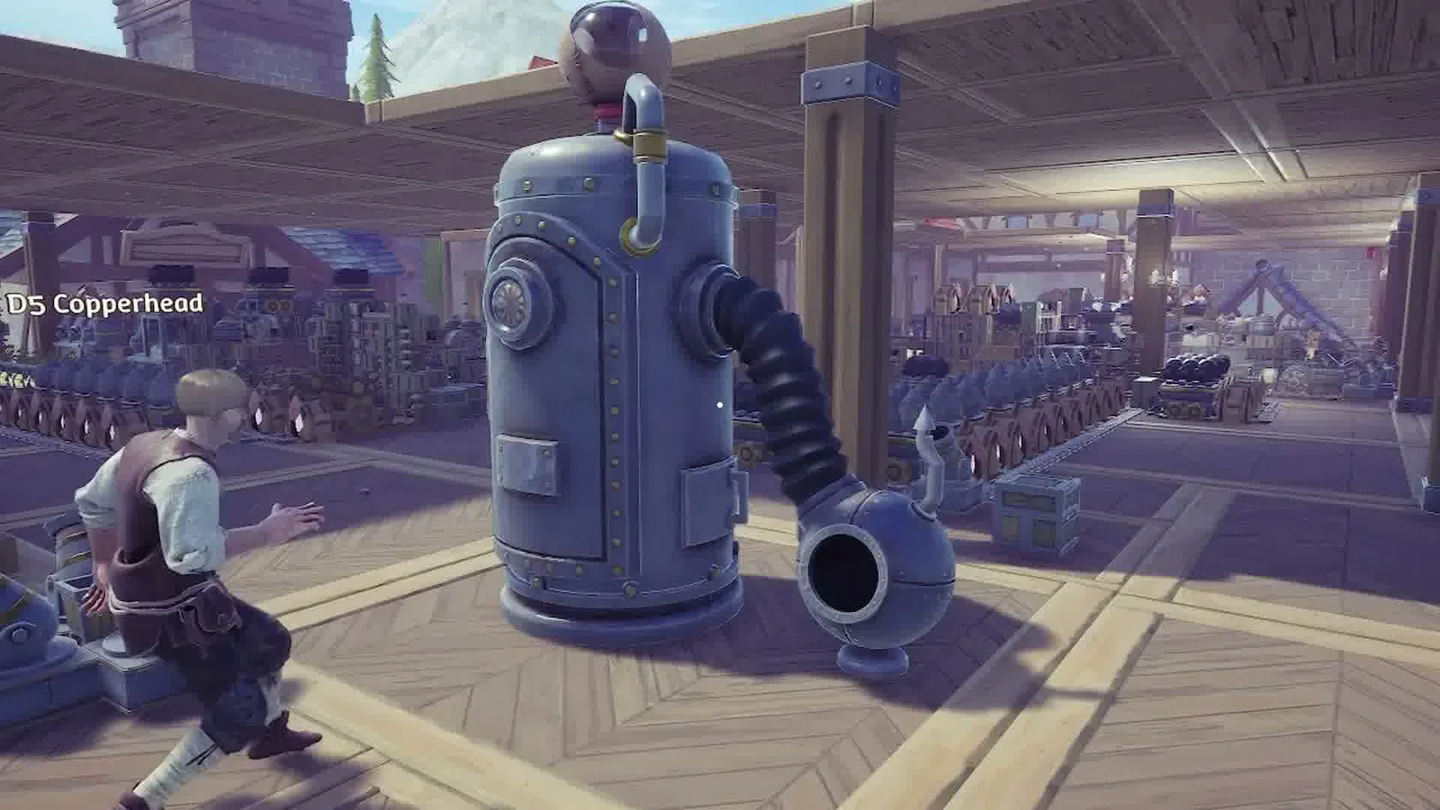 A character running past a large cylindrical pump machine while another player's name tag floats nearby. Official Alchemy Factory gameplay screenshot.