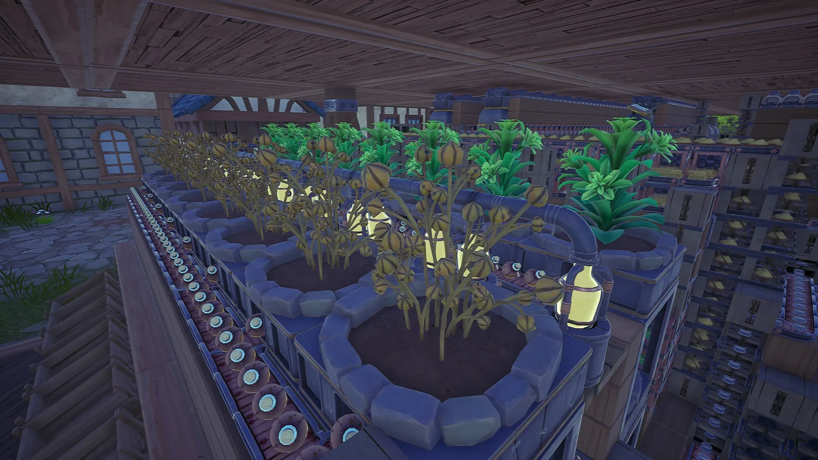 A covered greenhouse with raised crop beds, leafy plants, irrigation lines and a hanging lantern. Official Alchemy Factory gameplay screenshot.