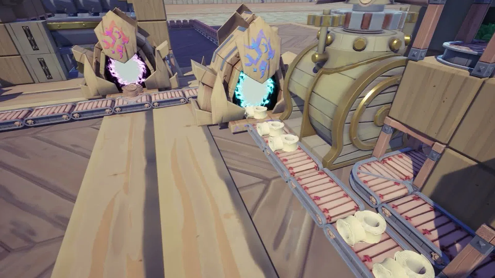 Conveyor belts with red-lit segments feeding cargo into a large circular brass machine. Official Alchemy Factory gameplay screenshot.