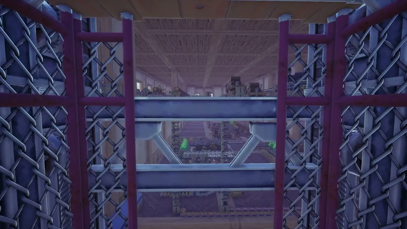 Tall lattice pylons with blue translucent panels and an enclosed elevated walkway between structures. Official Alchemy Factory gameplay screenshot.