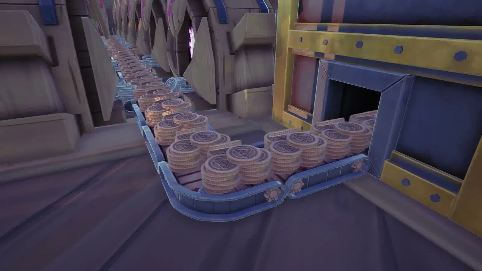 Conveyor belts carrying wicker baskets of ingredients into a yellow-banded machine on a factory floor. Official Alchemy Factory gameplay screenshot.