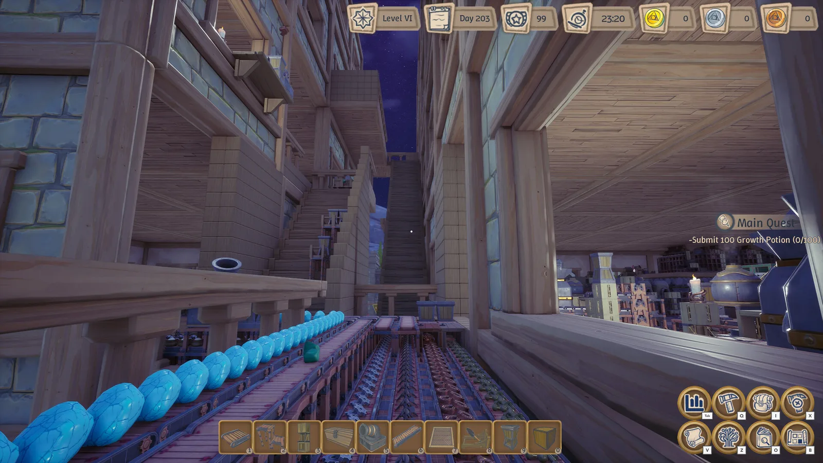 A view down a long factory route lined with machines and rows of blue components. Official Alchemy Factory gameplay screenshot.