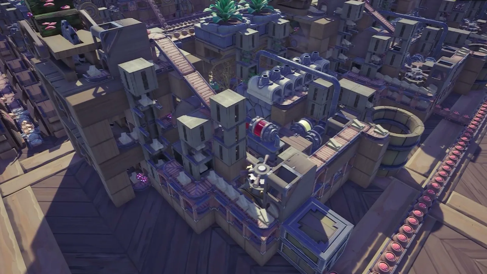 An aerial view of an industrial factory complex on a raised platform with a glowing red conveyor line. Official Alchemy Factory gameplay screenshot.