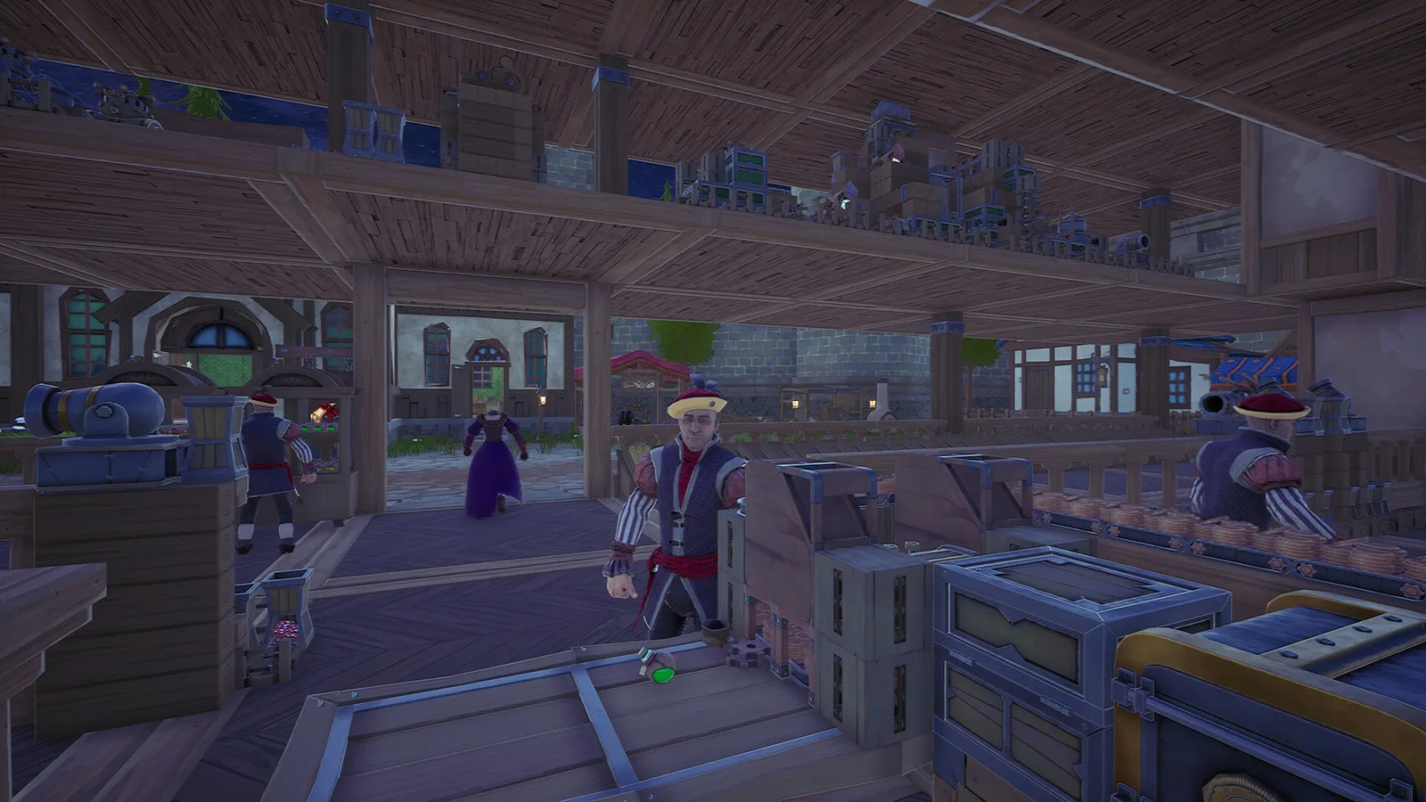 A warm tavern hall filled with NPCs, tables, barrels and hanging banners. Official Alchemy Factory gameplay screenshot.