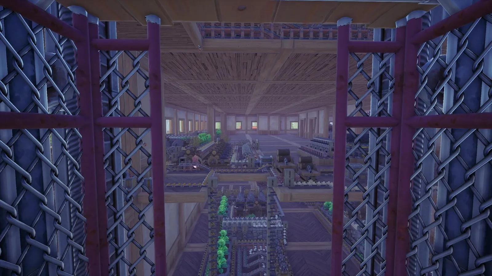 A dark industrial factory interior with red steel trusses, catwalks and machinery behind a metal fence. Official Alchemy Factory gameplay screenshot.