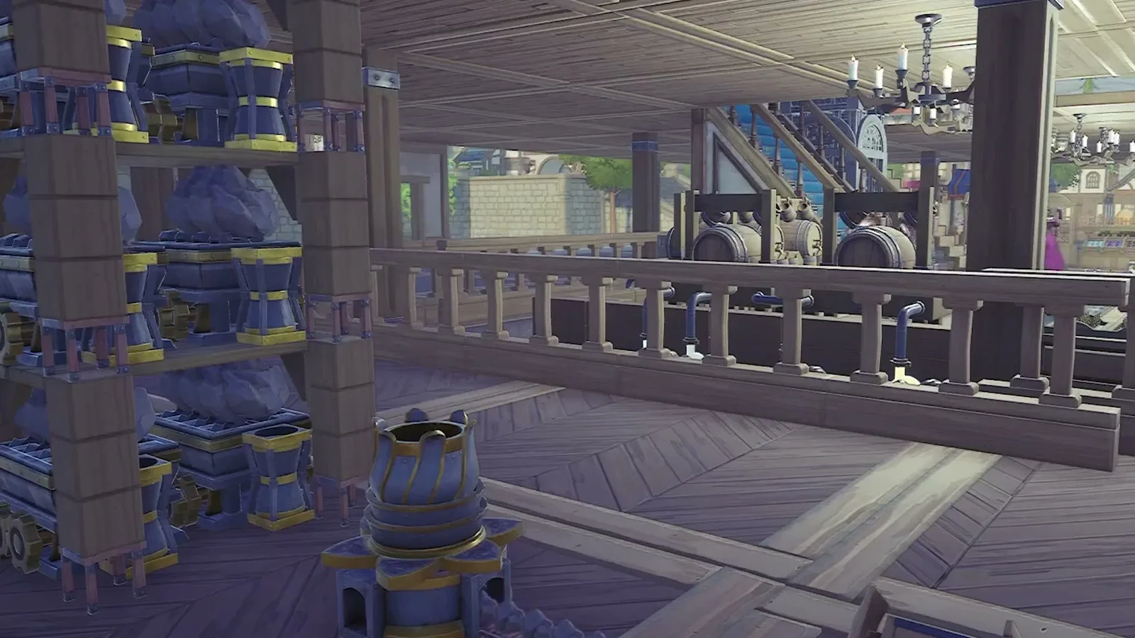 A factory storage interior with tall stacks of yellow-banded crates and an elevated conveyor walkway. Official Alchemy Factory gameplay screenshot.