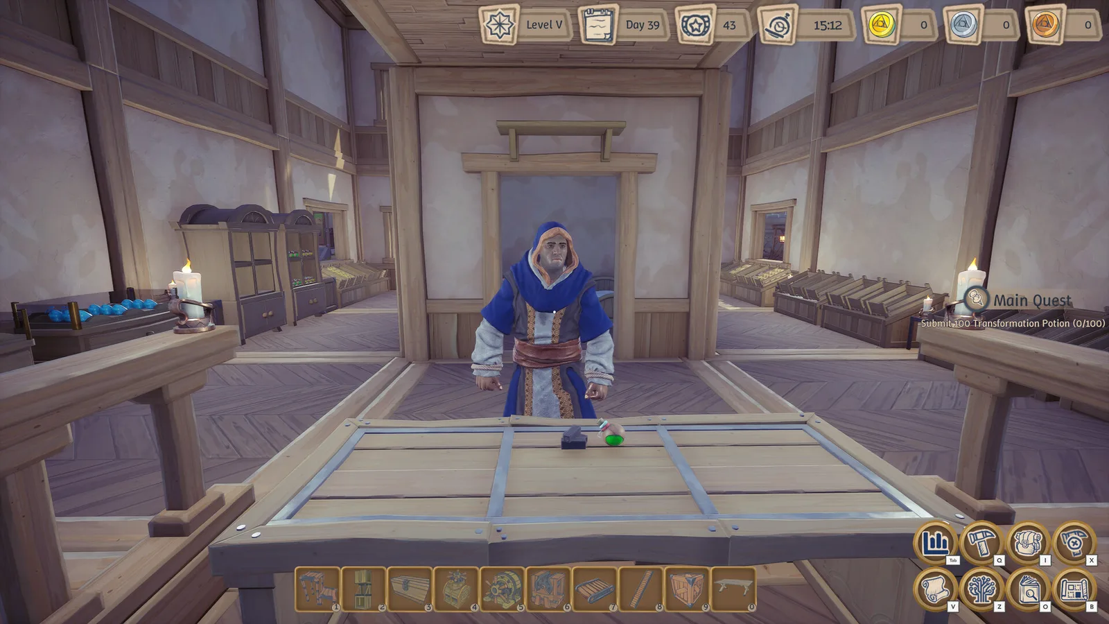 A robed NPC standing behind a long worktable inside a spacious wooden workshop. Official Alchemy Factory gameplay screenshot.